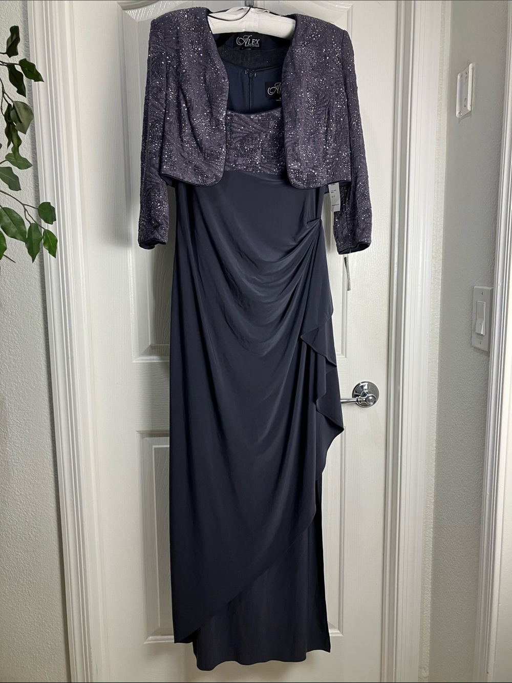 Alex Evenings Glitter Jacquard Knit & Matte Jersey Bolero Gown 2-Piece, 8, Smoke